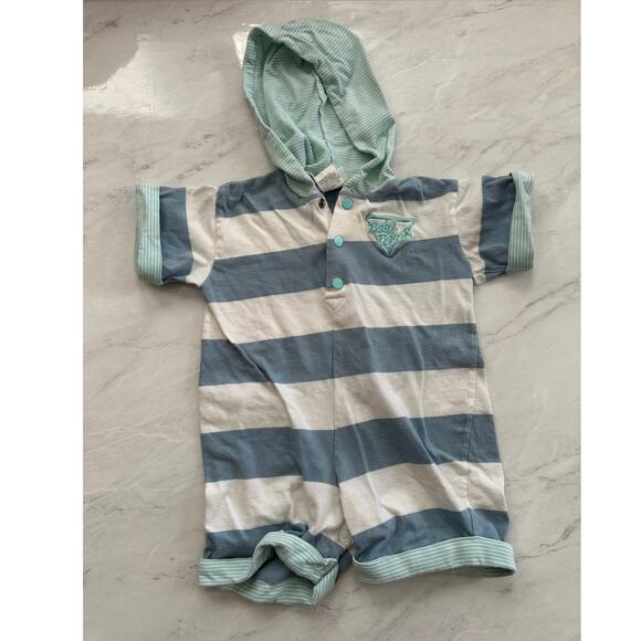 Vintage Baby B’gosh hooded boys striped short sleeve romper sz 3-6 months blue - Picture 1 of 6